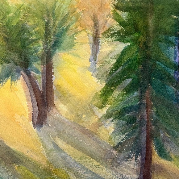 Original Watercolor Painting Serene Forest Signed By The Artist Green Yellow - Picture 2 of 7